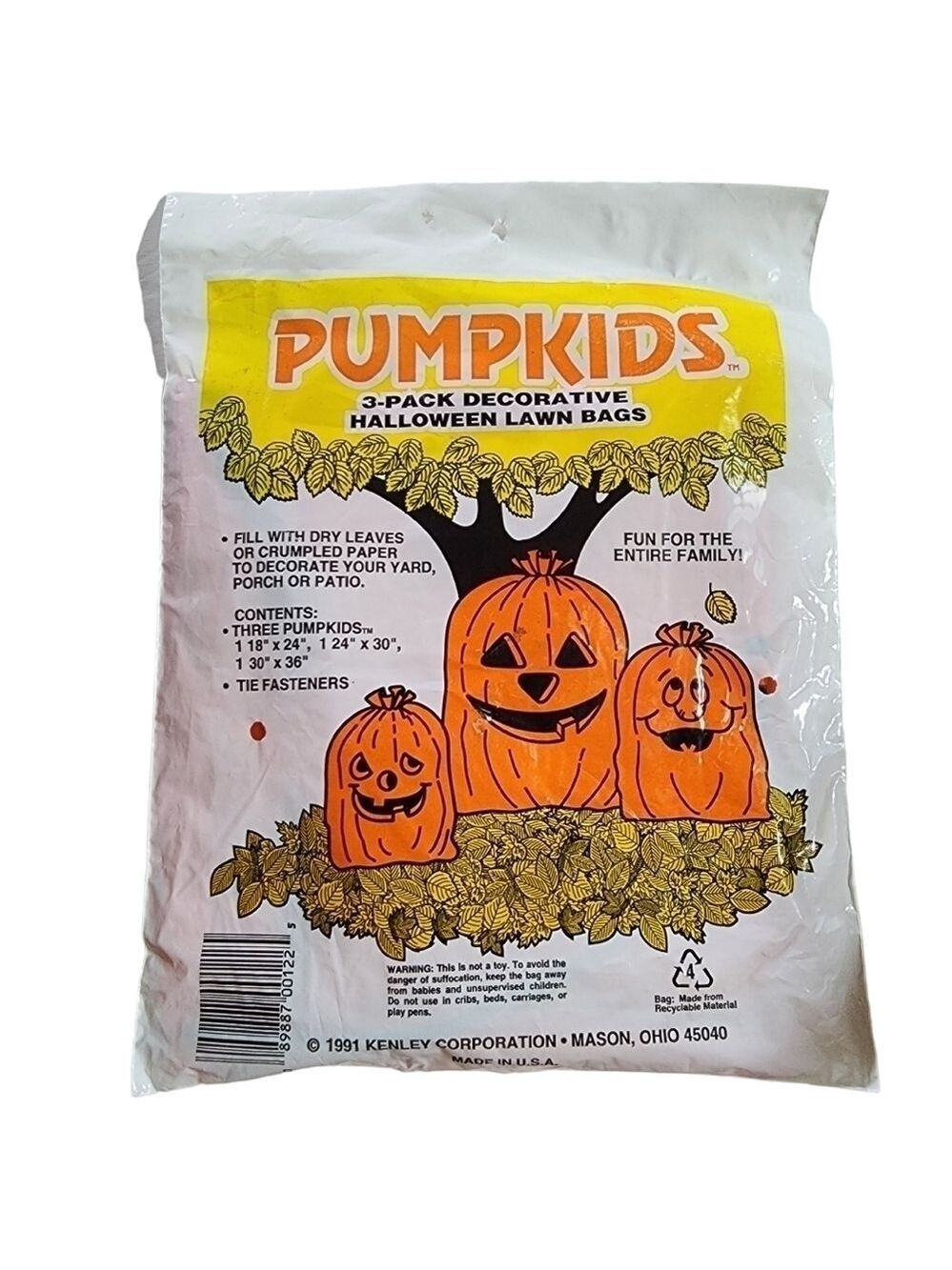 NOS vtg Pumkids 3 pack decorative Halloween lawn bags 3 sizes 3 faces 1991